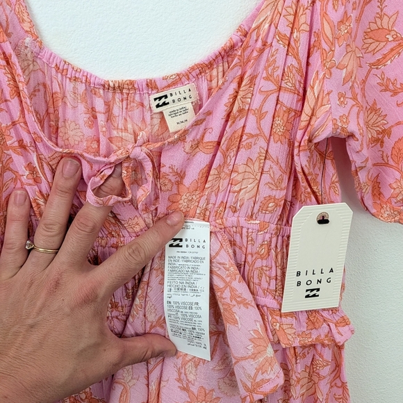 ❤️ Billabong Sweet On You Maxi Dress Pink And Orange Flowy Dress Puff Sleeves - Picture 8 of 8